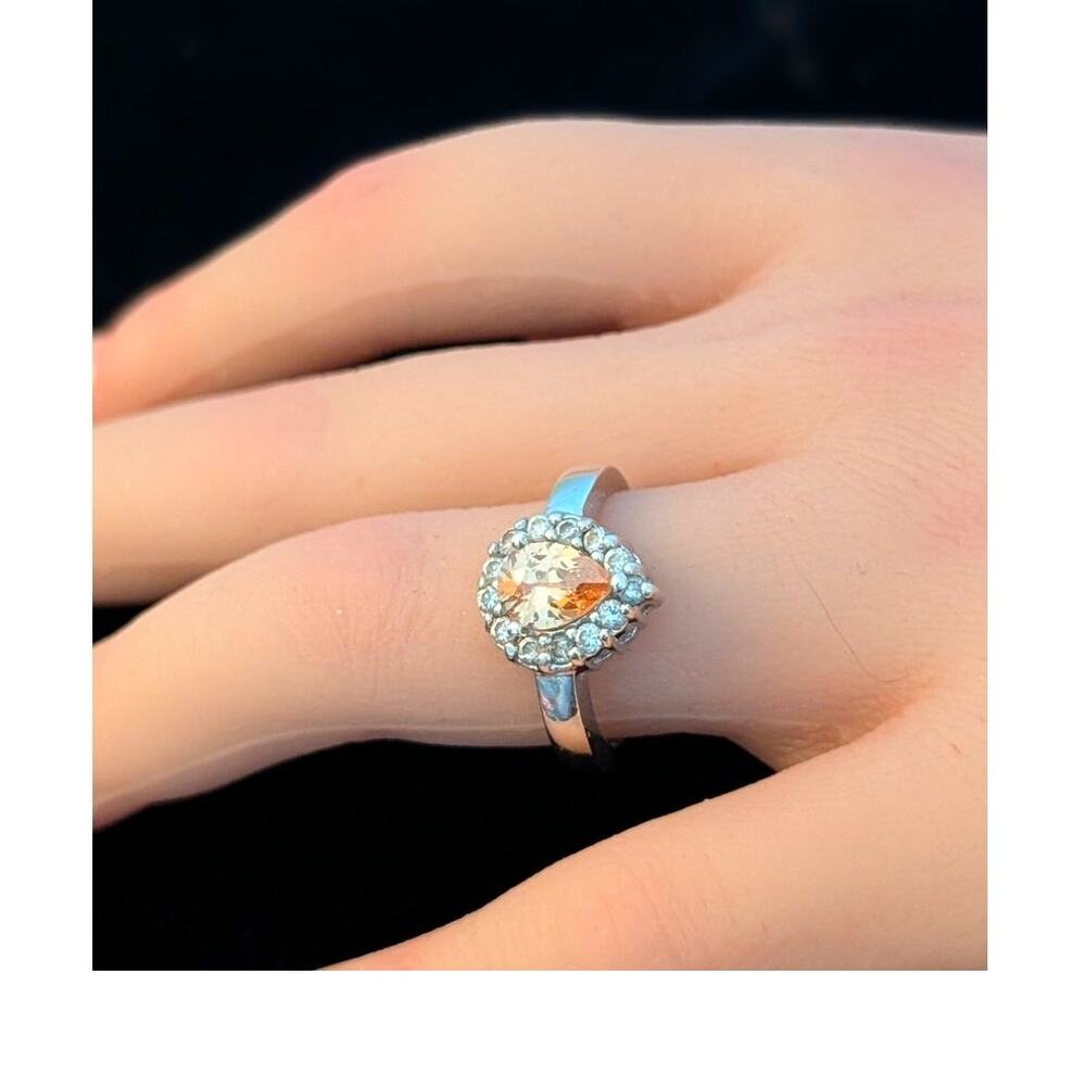 Orange Teardrop Crystal CZ Surround 925 Sterling Ring Size 7.75